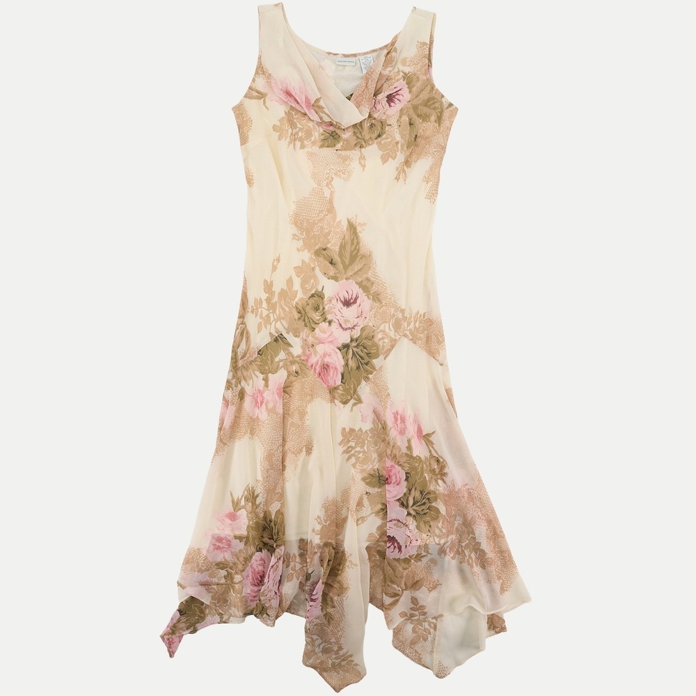 Newport News Cream & Pink Floral Dress Cowl Neck Handkerchief Hem